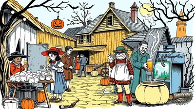 A group of people in costumes, including children dressed as a boy with a witch hat and a girl in a red hat, are gathered around a table with many white spheres, possibly apples or candies, in a festive Halloween scene. In the background, a man in a green coat holds a glass of beer next to a large cauldron, and other figures mill about in front of wooden buildings under a spooky, moonlit sky with bats flying.