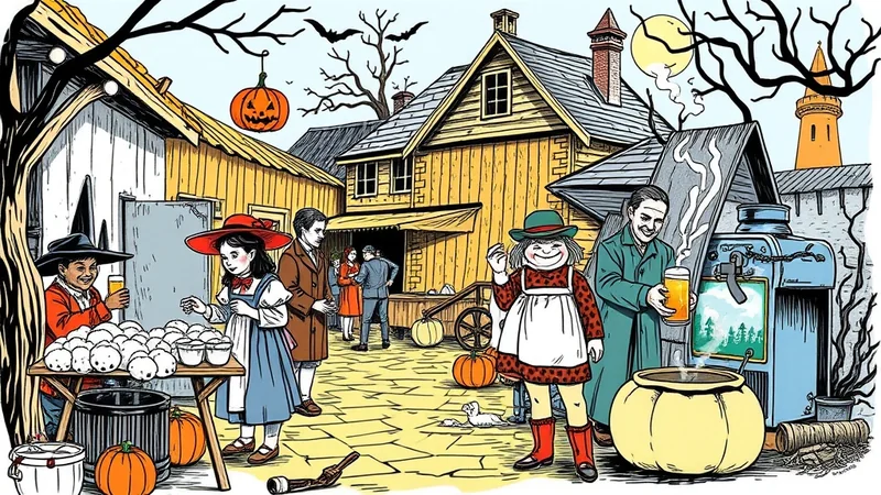 A group of people in costumes, including children dressed as a boy with a witch hat and a girl in a red hat, are gathered around a table with many white spheres, possibly apples or candies, in a festive Halloween scene. In the background, a man in a green coat holds a glass of beer next to a large cauldron, and other figures mill about in front of wooden buildings under a spooky, moonlit sky with bats flying.