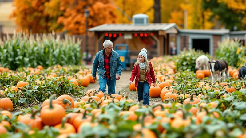 A couple walks through a pumpkin patch on a sunny autumn day, with rows of pumpkins stretching into the background and colorful fall foliage overhead.