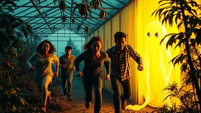 Four young people are running away from a glowing yellow ghost in a greenhouse. The ghost has large, round, orange eyes and appears to be floating. The people are in the foreground, looking back at the ghost with expressions of fear and surprise. The greenhouse has a glass roof and is filled with plants, some of which are hanging from the ceiling.