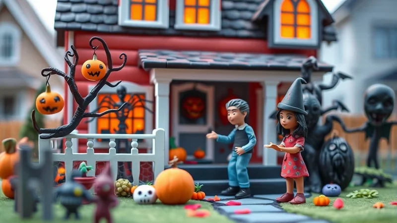 A miniature Halloween scene depicts a red house decorated with pumpkins and spooky figures, with two children in the foreground, one dressed as a witch.