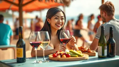 A smiling Asian woman holds a glass of red wine at a beachside cafe, with a platter of fruit and appetizers on the table and a man in the background.