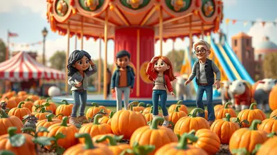 A group of four cartoon characters, two adults and two children, stand in a pumpkin patch in front of a carousel. The characters are smiling and looking towards the viewer, with pumpkins filling the foreground.