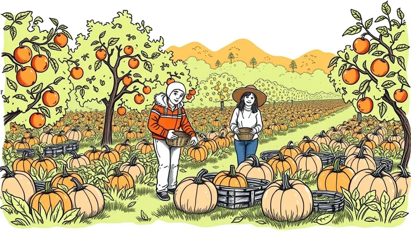 Two people are picking pumpkins in a large pumpkin patch with apple trees in the background under a warm, hazy sky.