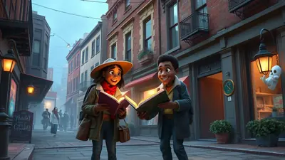 Two cartoon children, a boy and a girl, stand on a cobblestone street in front of brick buildings, reading glowing books. The girl wears a wide-brimmed hat and a red scarf, while the boy has a blue jacket. A decorative ghost hangs from a lamppost on the right side of the image, suggesting a Halloween theme.