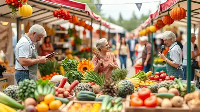 A vibrant outdoor market scene with vendors and shoppers amidst stalls overflowing with fresh produce. An older man in an apron checks a tablet, a woman holds a bouquet of flowers, and another woman speaks into a microphone, all under colorful awnings decorated with pumpkins and flowers.