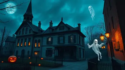 A spooky haunted house at night with a full moon, glowing jack-o-lanterns, and two playful ghosts floating in the air.