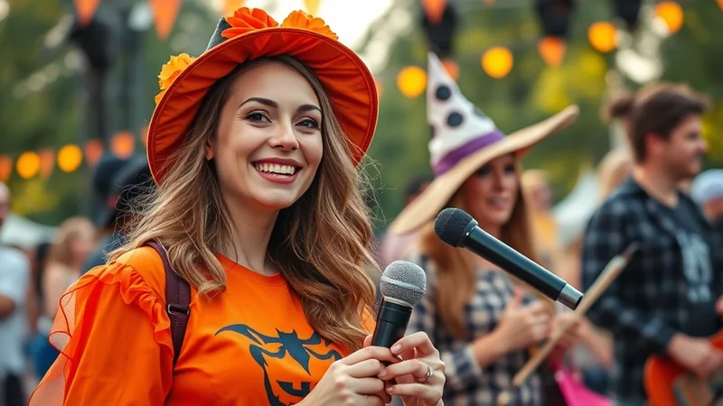 A smiling woman in an orange witch hat and costume holds a microphone at an outdoor Halloween event, with other people in costume in the blurred background.