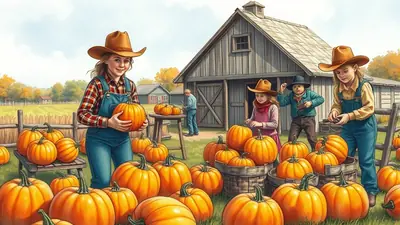 A group of children in cowboy hats and overalls are gathering pumpkins in front of a rustic barn, with a man in the background tending to pumpkins on a table.