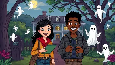 Two smiling children, a girl holding a tablet and a boy holding a camera, stand in front of a haunted house at night, surrounded by playful ghosts and a full moon.