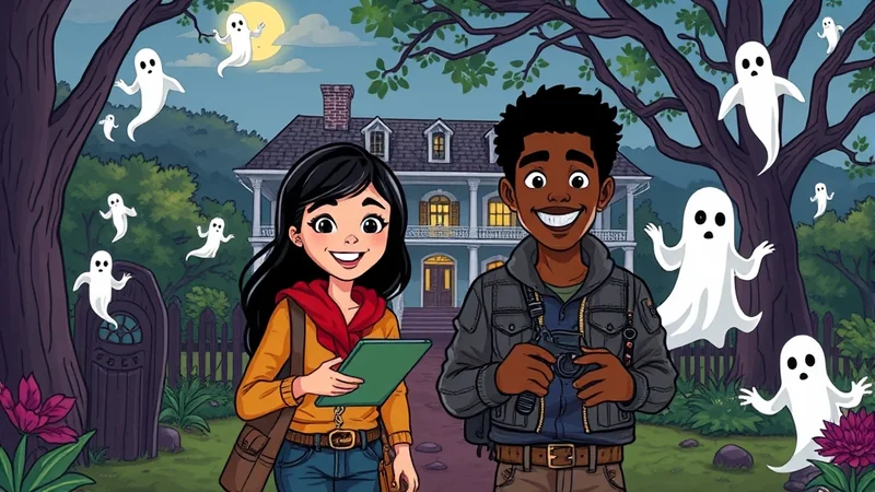 Two smiling children, a girl holding a tablet and a boy holding a camera, stand in front of a haunted house at night, surrounded by playful ghosts and a full moon.