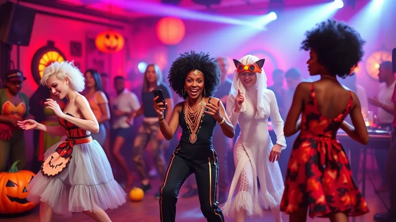 A group of diverse people in Halloween costumes are dancing and enjoying themselves at a party, with colorful lights and decorations like pumpkins and jack-o'-lanterns setting a festive and spooky mood.