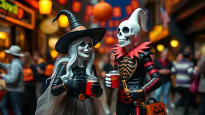 Two figures in Halloween costumes, a witch and a skeleton, stand in a crowded street at night, holding drinks and looking at each other.