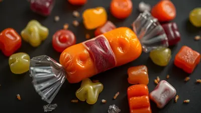A close-up shot of assorted colorful candies scattered on a dark surface, with a single candy wrapped in clear plastic in the center.