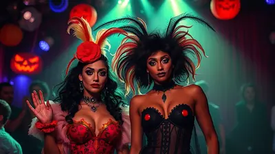 Two women in elaborate Halloween costumes, one with a red feathered headdress and the other with a wild, spiky hairstyle, pose in a dimly lit club with Halloween decorations like jack-o'-lanterns visible in the background.