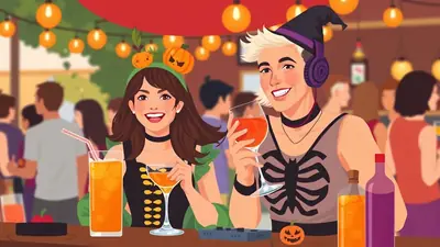 Two smiling women in Halloween costumes are at a bar, holding drinks and enjoying a party with friends in the background.