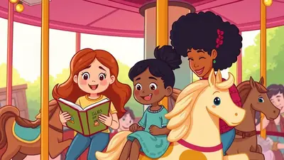 Three children and an adult are smiling and riding on a carousel. One child is reading a book aloud to the others.