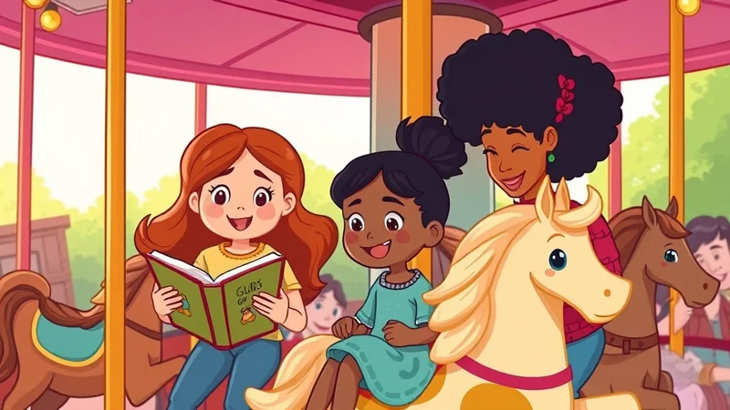 Three children and an adult are smiling and riding on a carousel. One child is reading a book aloud to the others.