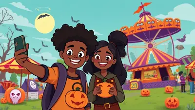 Two Black children, a boy and a girl, are taking a selfie with a smartphone at a Halloween carnival. The boy is holding the phone, and the girl is holding a carved pumpkin. In the background, there is a carousel with Halloween decorations, pumpkins scattered on the grass, and bats flying in the sky under a full moon.