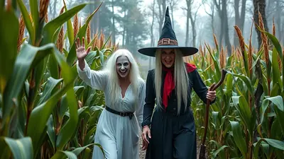 Two women dressed as witches walk through a cornfield on a foggy day, one waving and the other holding a staff.