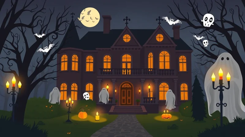 A spooky haunted house at night, decorated for Halloween with ghosts, bats, skulls, and jack-o'-lanterns, under a full moon.