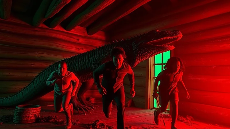 Three people are running away from a large dinosaur inside a wooden cabin, illuminated by red and green lights, creating a suspenseful and frightening atmosphere.
