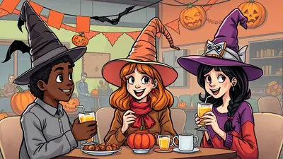 Three young people dressed as witches are sitting at a table, enjoying drinks and snacks in a room decorated for Halloween with pumpkins and bats.