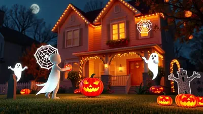 A festive Halloween scene with a house decorated with orange lights and spiderweb decorations. Several glowing jack-o'-lanterns and ghost figures are placed on the lawn, creating a spooky yet cheerful atmosphere under a full moon.