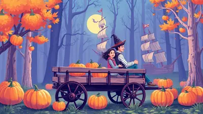 A young boy wearing a witch hat and a girl are sitting in a wooden cart filled with pumpkins, with a pirate ship sailing in the background under a full moon.