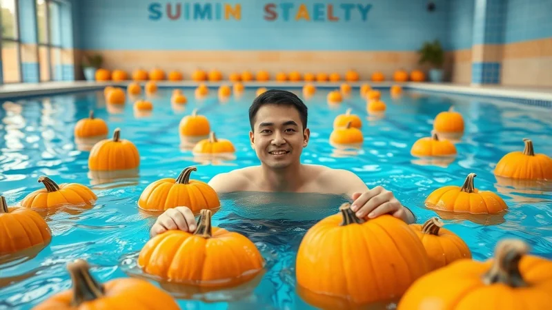 A man smiles as he floats in a swimming pool filled with pumpkins. The pool is decorated with the word "SWIM" in colorful letters on the wall.
