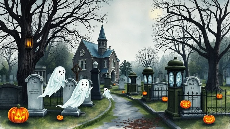 A Halloween scene in a cemetery with a spooky church, glowing jack-o-lanterns, and friendly ghosts floating among gravestones under a pale moon.