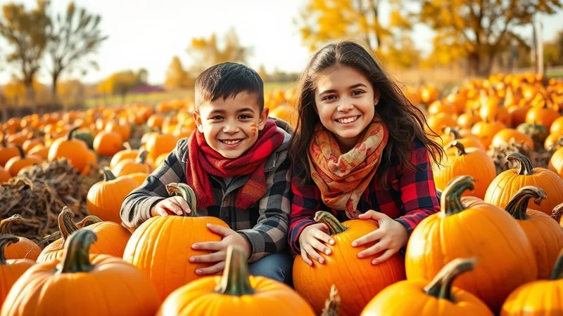 A young boy and girl are smiling and sitting in a pumpkin patch surrounded by many pumpkins. The boy has face paint on his cheek and both children are wearing scarves. The background shows trees with autumn foliage.