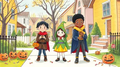 Three children in Halloween costumes walk down a suburban street lined with houses and autumn trees, carrying candy buckets and surrounded by pumpkins and scattered candy.