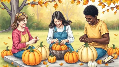 Three young people, two women and one man, are sitting on a wooden bench outdoors carving pumpkins. They are surrounded by pumpkins of various sizes and autumn leaves are falling from the trees above, creating a festive fall atmosphere.