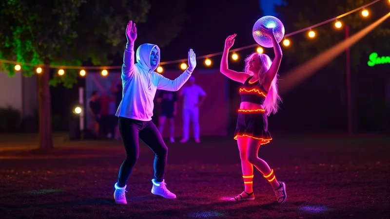 Two people are dancing outdoors at night, illuminated by colorful lights and a disco ball. The person on the left wears a white hoodie and dark pants, while the person on the right wears a black outfit with neon trim. String lights are visible in the background, creating a festive and energetic atmosphere.