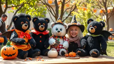 A group of four teddy bears dressed in Halloween costumes, including a bat and witches, are sitting on a wooden table with a young girl in a witch hat. The scene is set outdoors with trees and pumpkins in the background, creating a festive Halloween atmosphere.