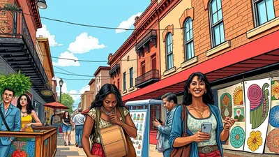 A vibrant street scene with people browsing art displayed outside shops on a sunny day. A woman in the foreground smiles at the camera, holding a smartphone and pointing to a colorful artwork.