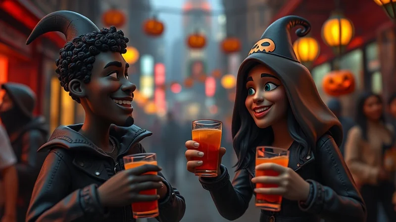Two cartoon characters, a man with a devil horn hat and a woman in a witch hat with a skull, clink glasses of orange drinks on a street decorated with pumpkins and lanterns for Halloween.