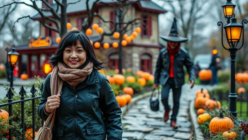 A smiling woman in a black jacket and scarf walks towards the camera on a cobblestone path lined with pumpkins, with a person in a witch costume walking away in the background.