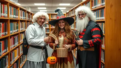 Three people in Halloween costumes stand in a library aisle. On the left, a man with a curly white wig wears a white shirt and a long grey skirt. In the center, a woman in a witch costume with a pointed hat holds a basket and a small flag. On the right, a man with a long white beard and wig wears a black robe with red stripes.