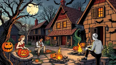 A Halloween scene with two people sitting around a campfire in front of houses decorated with jack-o-lanterns and bats, under a full moon.