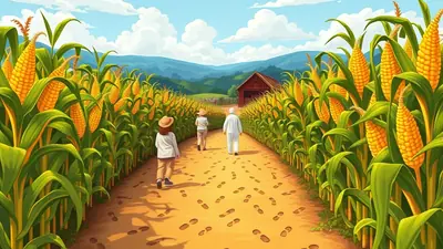 Three people walk down a dirt path through a vibrant cornfield, with a red barn and rolling hills in the background under a bright blue sky with fluffy clouds.