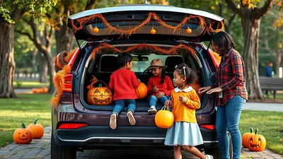 A woman and three children are gathered around the open trunk of a car decorated for Halloween with pumpkins and orange garland. The children are dressed in festive attire, and the scene is set outdoors in a park-like setting with trees and pumpkins scattered on the ground.