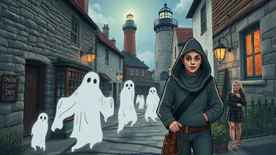 A person in a hooded jacket walks down a cobblestone street lined with old buildings and lighthouses, while several white ghosts float towards them, and a woman watches from the side.