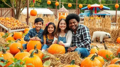 A smiling family of four, two adults and two children, pose for a photo in a pumpkin patch surrounded by hay bales and pumpkins, with a small white sheep in the background.