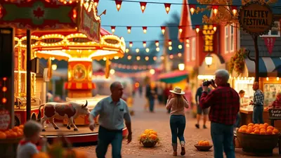 A lively street fair at dusk, with a carousel, food stalls, and people enjoying the festive atmosphere, decorated with string lights and autumn foliage.