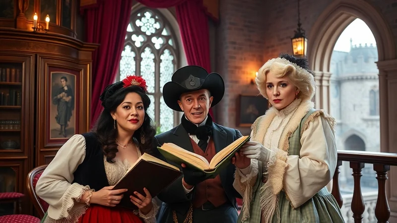 Three people in Victorian-era costumes are gathered around an open book in a dimly lit, ornate library, suggesting a theatrical or historical reenactment.