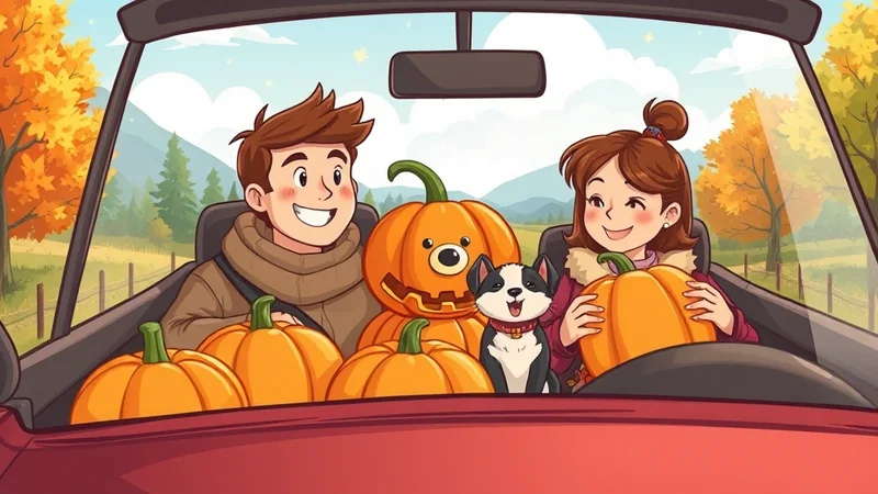 A happy couple and their dog are driving in a car filled with pumpkins, with autumn trees visible outside the windows.