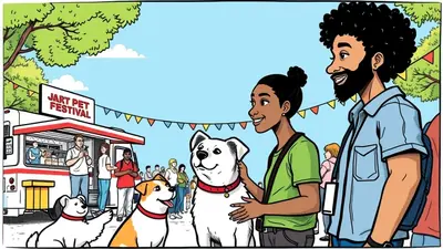 A diverse group of people and their dogs are enjoying a sunny day at the Jart Pet Festival. A food truck is visible in the background, and colorful bunting hangs overhead, creating a festive atmosphere.