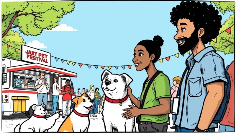 A diverse group of people and their dogs are enjoying a sunny day at the Jart Pet Festival. A food truck is visible in the background, and colorful bunting hangs overhead, creating a festive atmosphere.